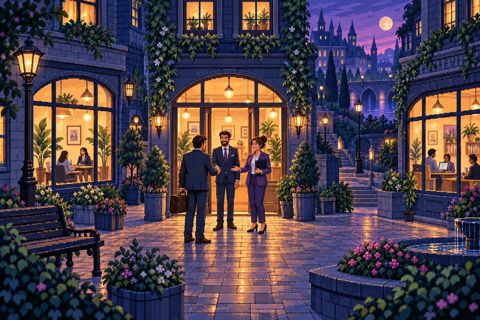 Pixel-art employer meeting recruitment agency professionals