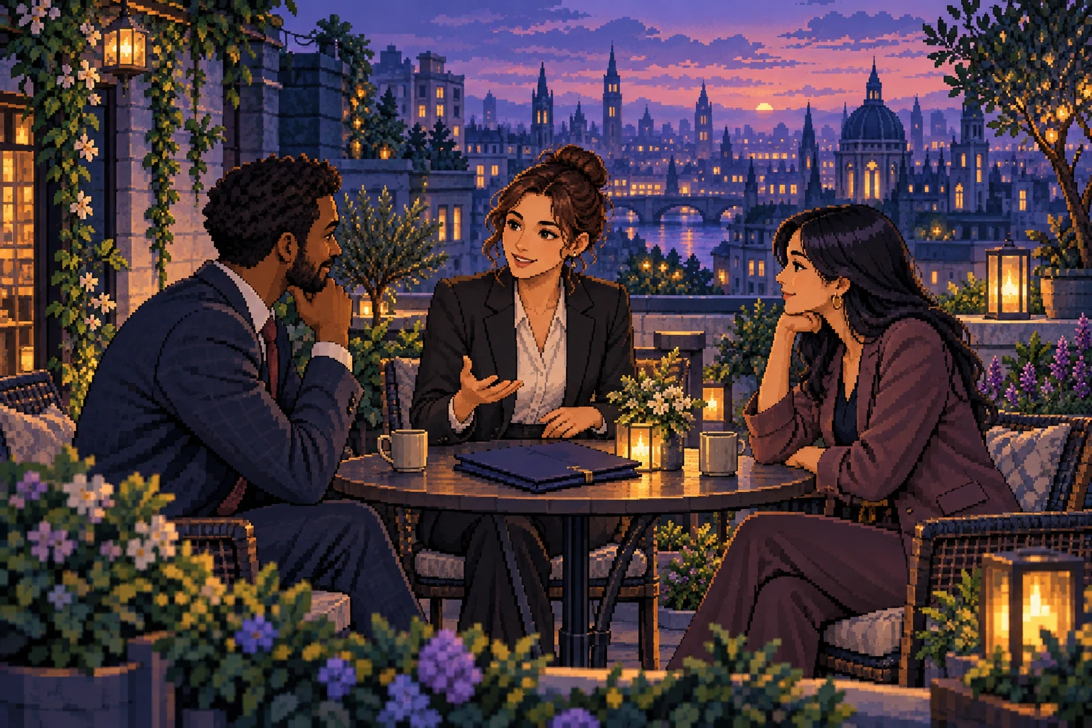 Pixel-art recruiters connecting at a rooftop work lounge